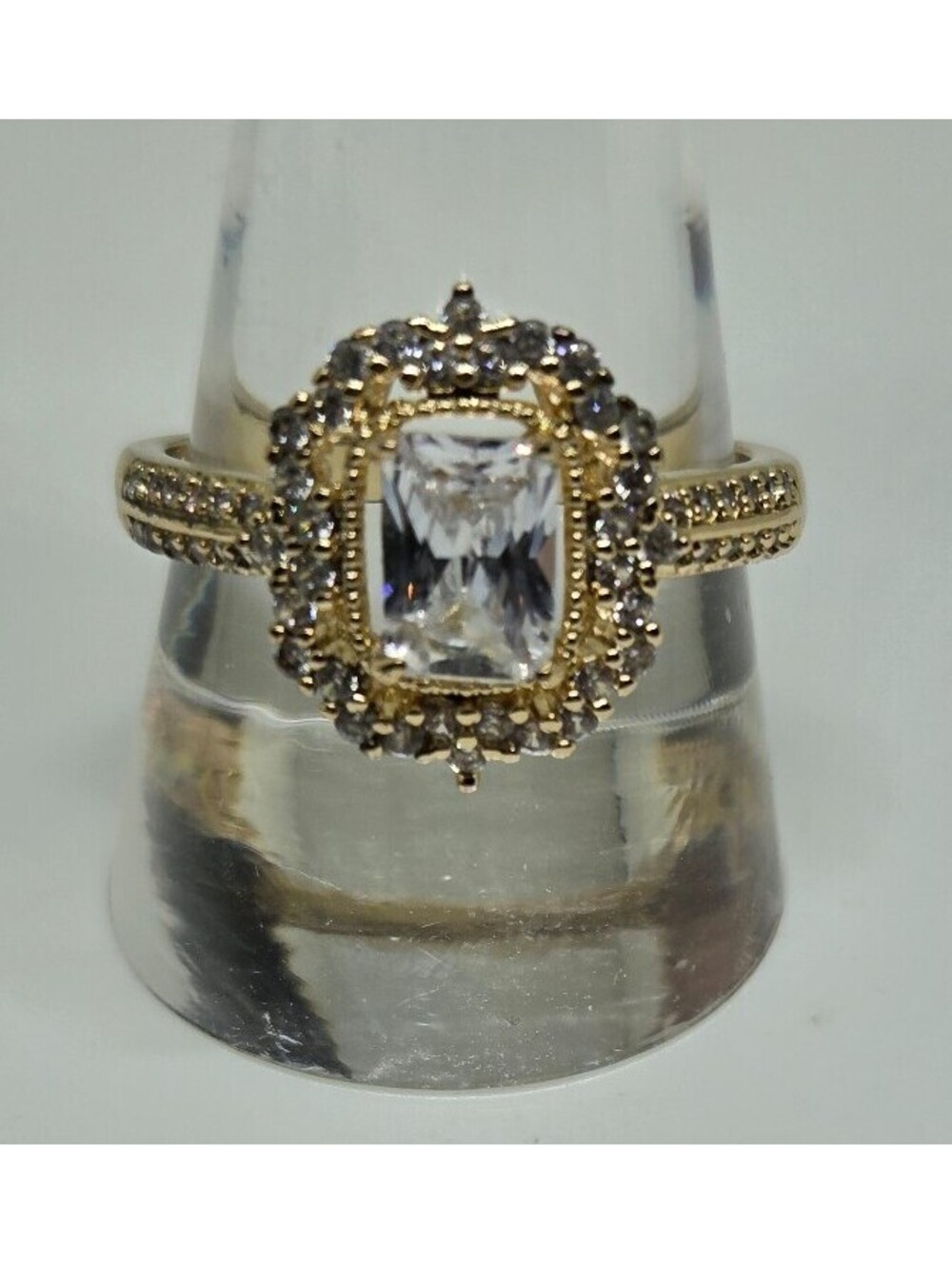Gold Tone Rectangular Clear Stone Double Halo Cocktail Ring Size 9 Pavé